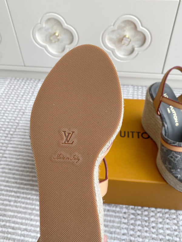 LV Grey Denim Monogram Wedge Sandals 11.5cm Grey Sheepskin Lining 291578