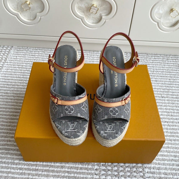 LV Grey Denim Monogram Wedge Sandals 11.5cm Grey Sheepskin Lining 291578