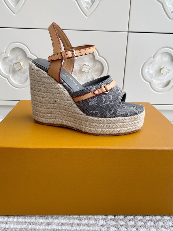 LV Grey Denim Monogram Wedge Sandals 11.5cm Grey Sheepskin Lining 291578