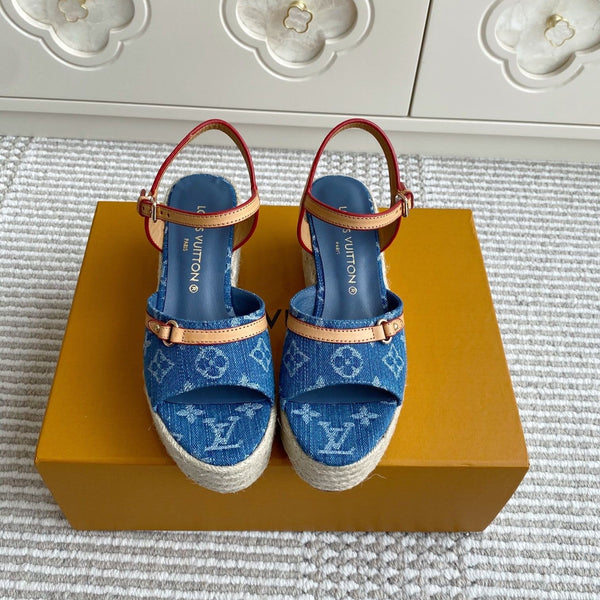 Sandali con zeppa LV Blue Denim Monogram 7,5 cm Fodera in pelle di pecora blu 291579