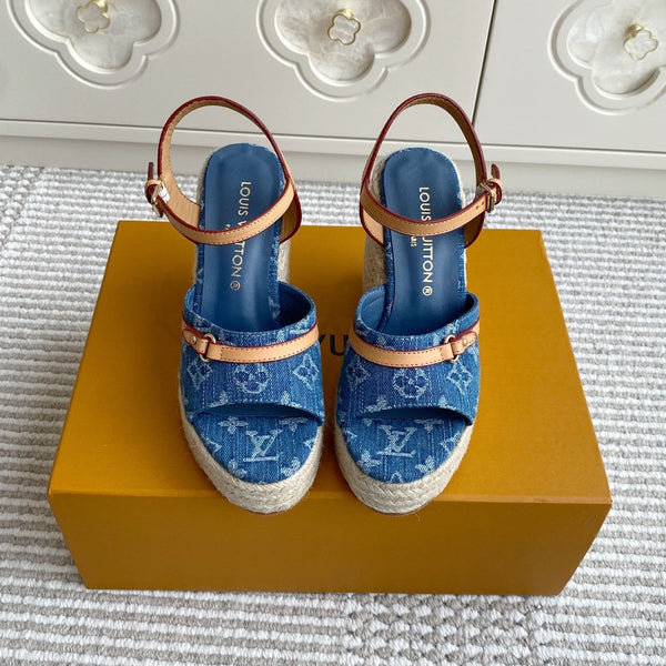 LV Blue Denim Monogram Wedge Sandals 11.5cm Blue Sheepskin Lining 291580