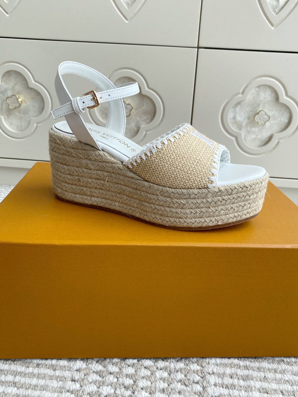 Sandali con zeppa in rafia beige LV, 7,5 cm, fodera bianca in pelle 291583