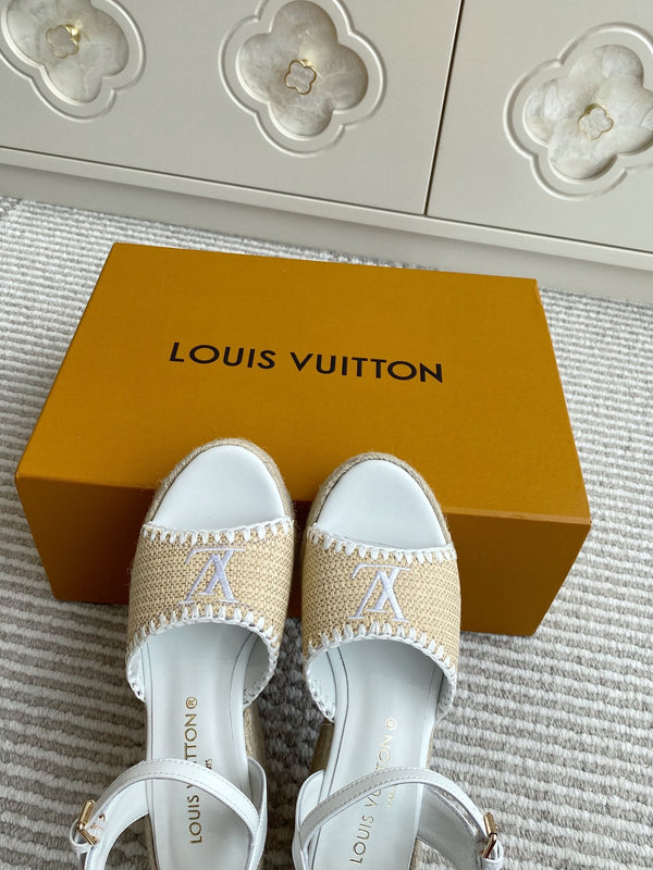 Sandali con zeppa in rafia beige LV, 7,5 cm, fodera bianca in pelle 291583