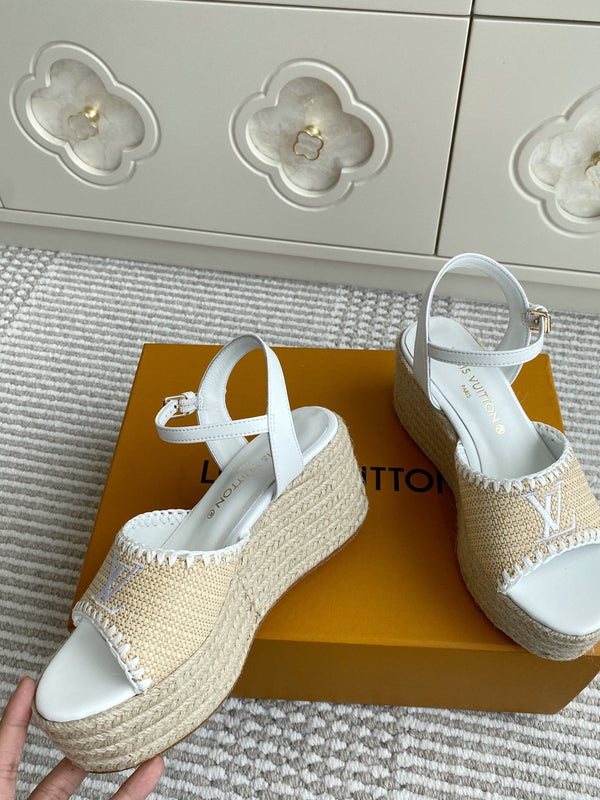 Sandali con zeppa in rafia beige LV, 7,5 cm, fodera bianca in pelle 291583