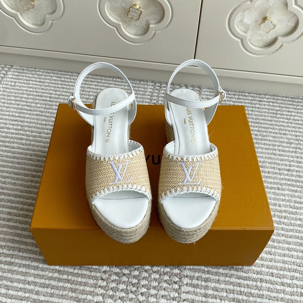 Sandali con zeppa in rafia beige LV, 7,5 cm, fodera bianca in pelle 291583