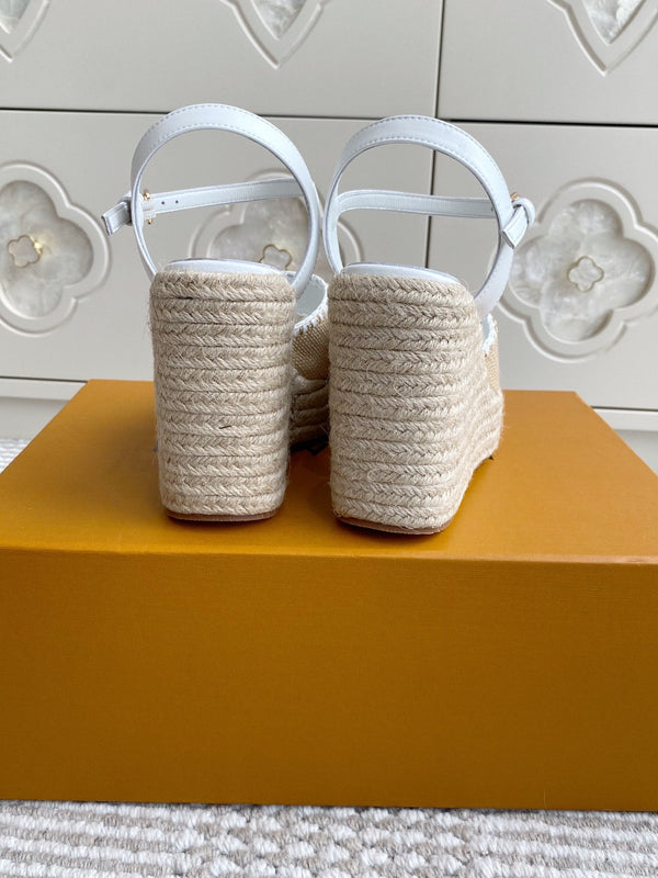 Sandali con zeppa in rafia beige LV, 11,5 cm, fodera bianca in pelle 291584