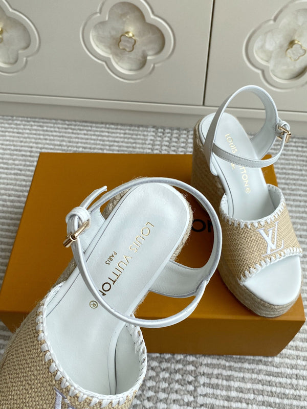 Sandali con zeppa in rafia beige LV, 11,5 cm, fodera bianca in pelle 291584