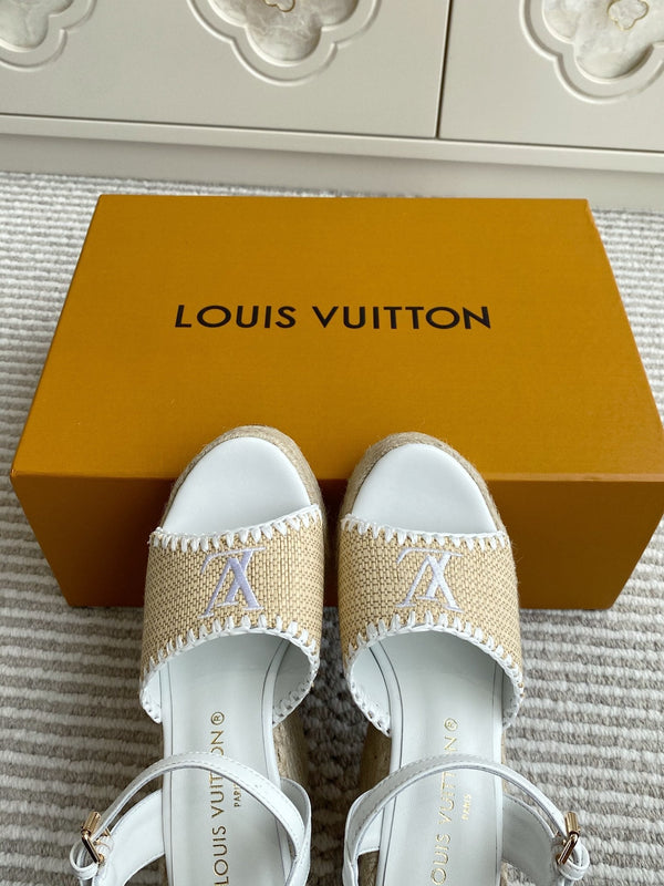 Sandali con zeppa in rafia beige LV, 11,5 cm, fodera bianca in pelle 291584