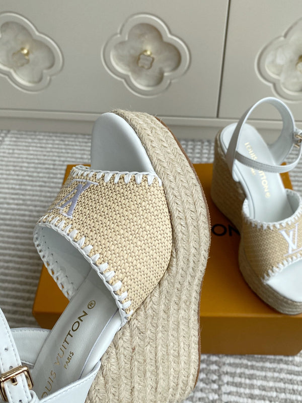 Sandali con zeppa in rafia beige LV, 11,5 cm, fodera bianca in pelle 291584