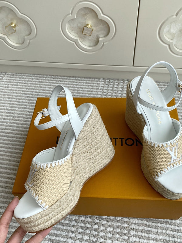 Sandali con zeppa in rafia beige LV, 11,5 cm, fodera bianca in pelle 291584