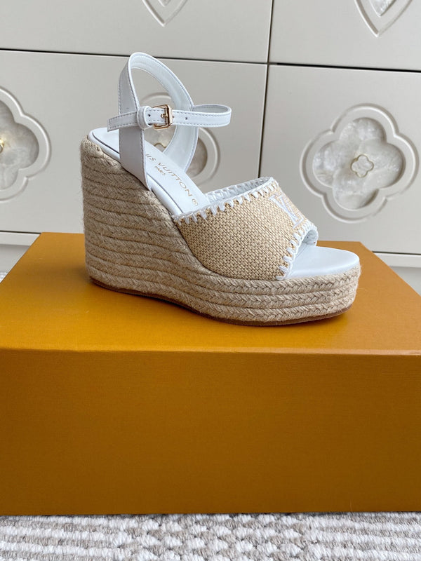 Sandali con zeppa in rafia beige LV, 11,5 cm, fodera bianca in pelle 291584