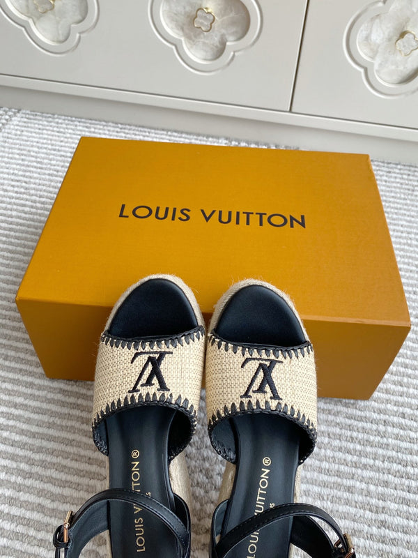 Sandali con zeppa in rafia beige LV, 7,5 cm, fodera in pelle nera 291585