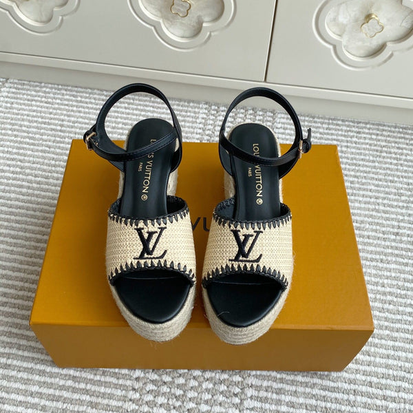 Sandali con zeppa in rafia beige LV, 7,5 cm, fodera in pelle nera 291585