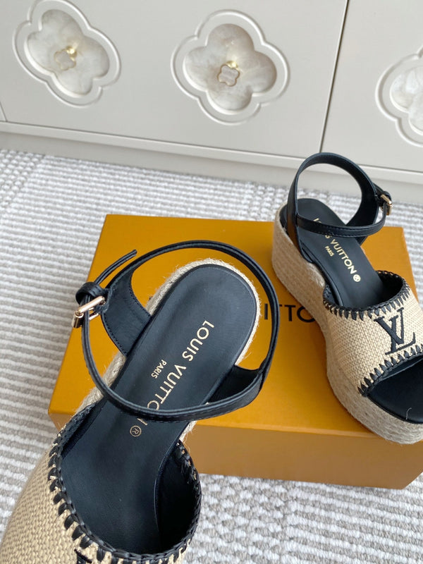 Sandali con zeppa in rafia beige LV, 7,5 cm, fodera in pelle nera 291585