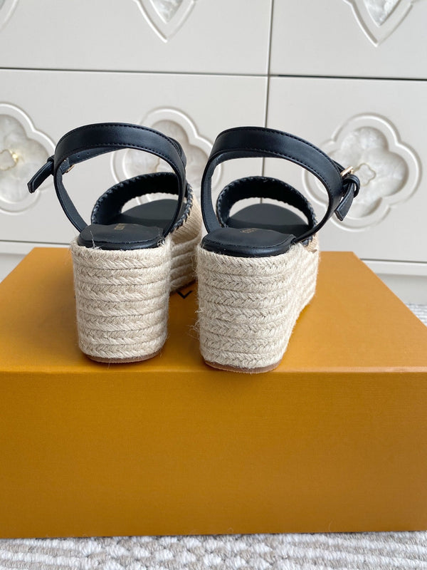 Sandali con zeppa in rafia beige LV, 7,5 cm, fodera in pelle nera 291585