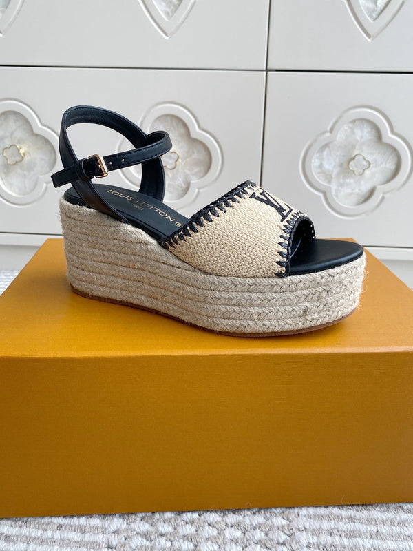 Sandali con zeppa in rafia beige LV, 7,5 cm, fodera in pelle nera 291585