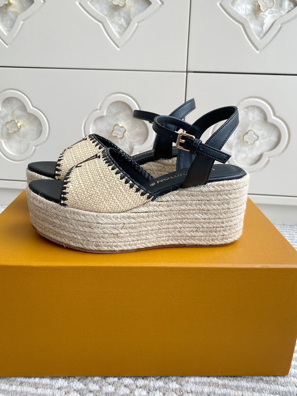 Sandali con zeppa in rafia beige LV, 7,5 cm, fodera in pelle nera 291585