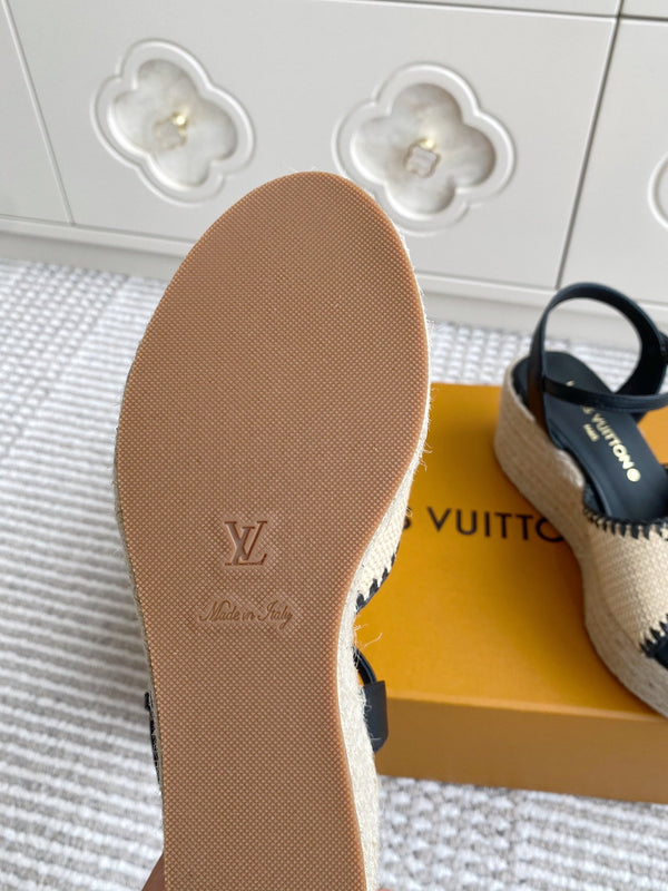 Sandali con zeppa in rafia beige LV, 7,5 cm, fodera in pelle nera 291585
