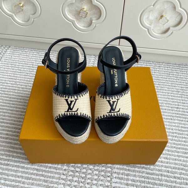 Sandali con zeppa in rafia beige LV, 11,5 cm, fodera in pelle nera 291586