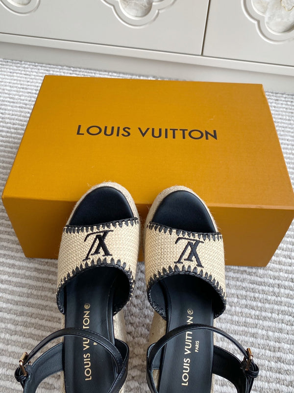 Sandali con zeppa in rafia beige LV, 11,5 cm, fodera in pelle nera 291586