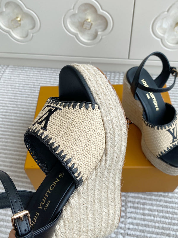 Sandali con zeppa in rafia beige LV, 11,5 cm, fodera in pelle nera 291586