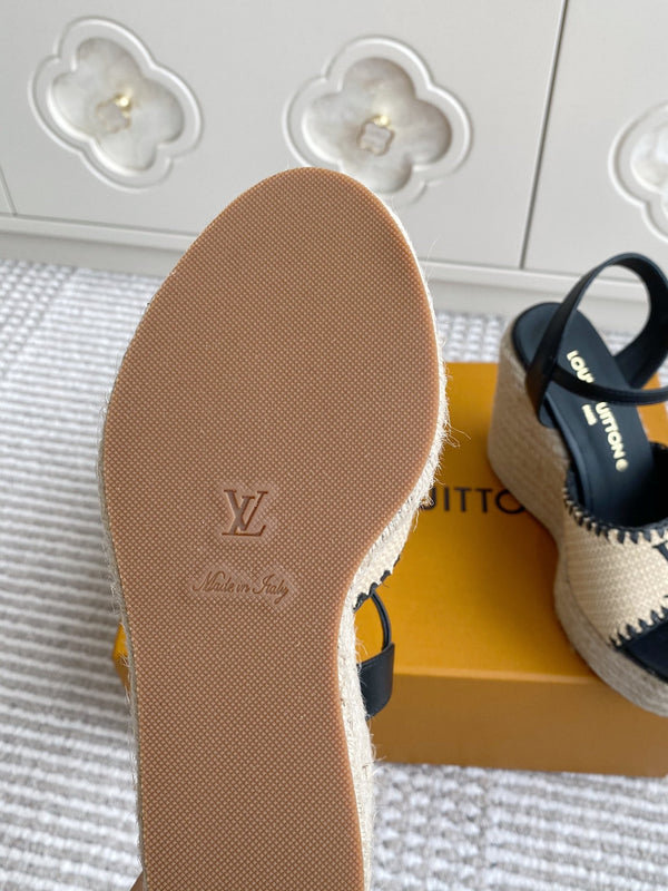 Sandali con zeppa in rafia beige LV, 11,5 cm, fodera in pelle nera 291586