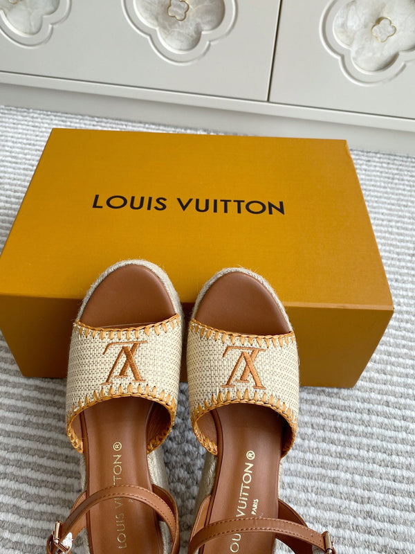 Sandali con zeppa in rafia beige LV, 7,5 cm, fodera in pelle dorata, 291587