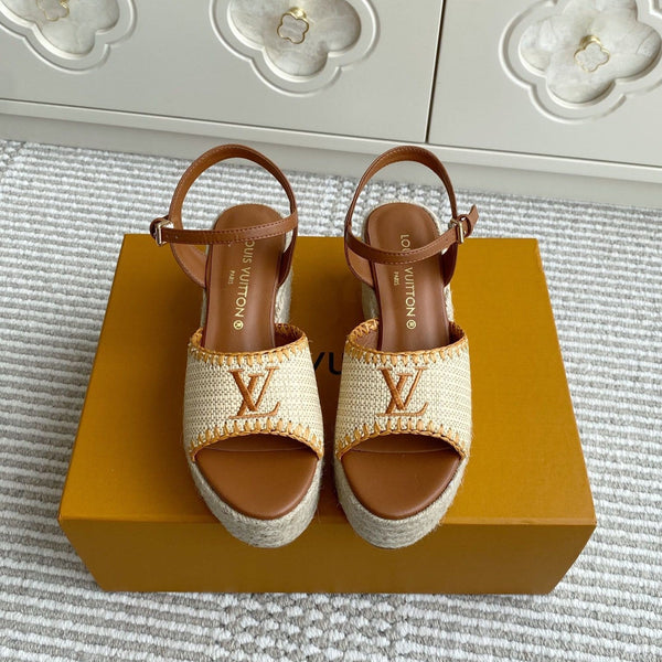 Sandali con zeppa in rafia beige LV, 7,5 cm, fodera in pelle dorata, 291587
