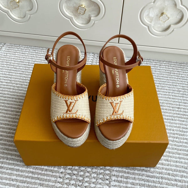 Sandali con zeppa in rafia beige LV, 11,5 cm, fodera in pelle dorata, 291588