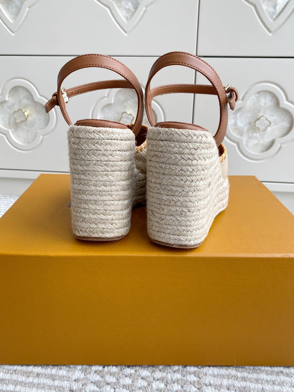 Sandali con zeppa in rafia beige LV, 11,5 cm, fodera in pelle dorata, 291588