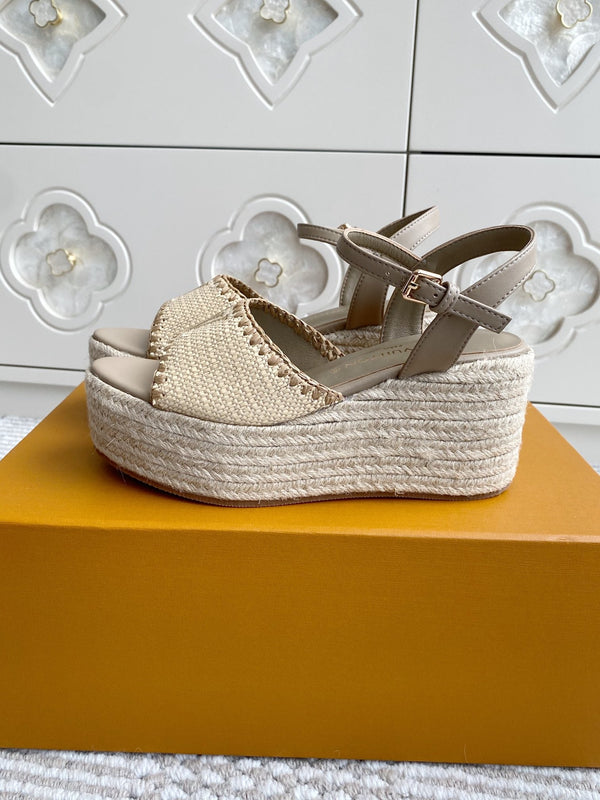 Sandali con zeppa in rafia beige LV, 7,5 cm, fodera in pelle marrone chiaro, 291589