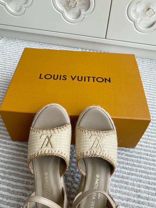 Sandali con zeppa in rafia beige LV, 7,5 cm, fodera in pelle marrone chiaro, 291589