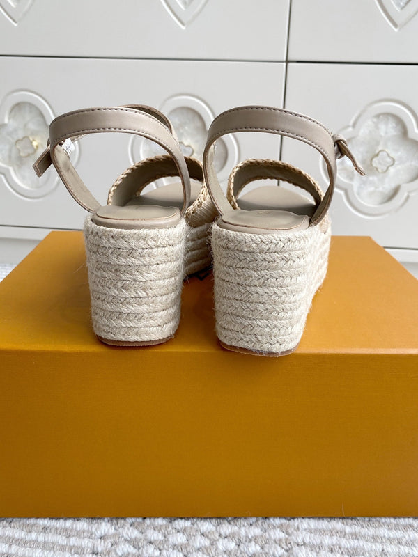 Sandali con zeppa in rafia beige LV, 7,5 cm, fodera in pelle marrone chiaro, 291589