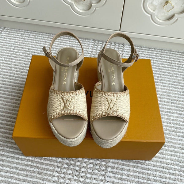 Sandali con zeppa in rafia beige LV, 7,5 cm, fodera in pelle marrone chiaro, 291589