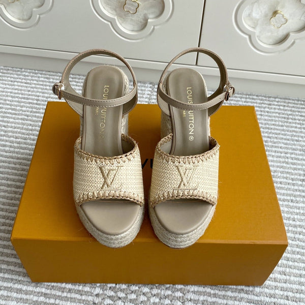 Sandali con zeppa in rafia beige LV, 11,5 cm, fodera in pelle marrone chiaro, 291590