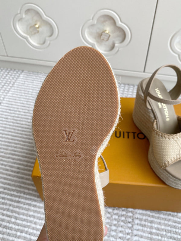 Sandali con zeppa in rafia beige LV, 11,5 cm, fodera in pelle marrone chiaro, 291590