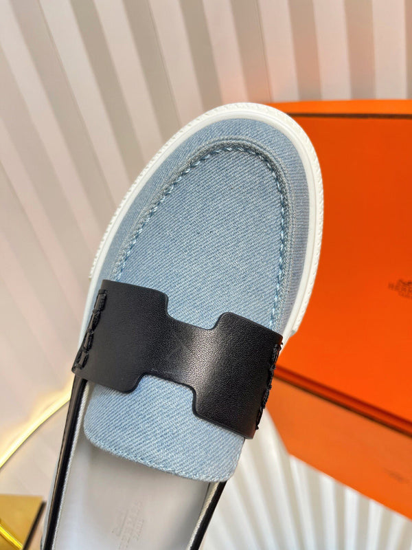 HM Denim Casual Loafer Blue Black Cowhide Cloth 317067