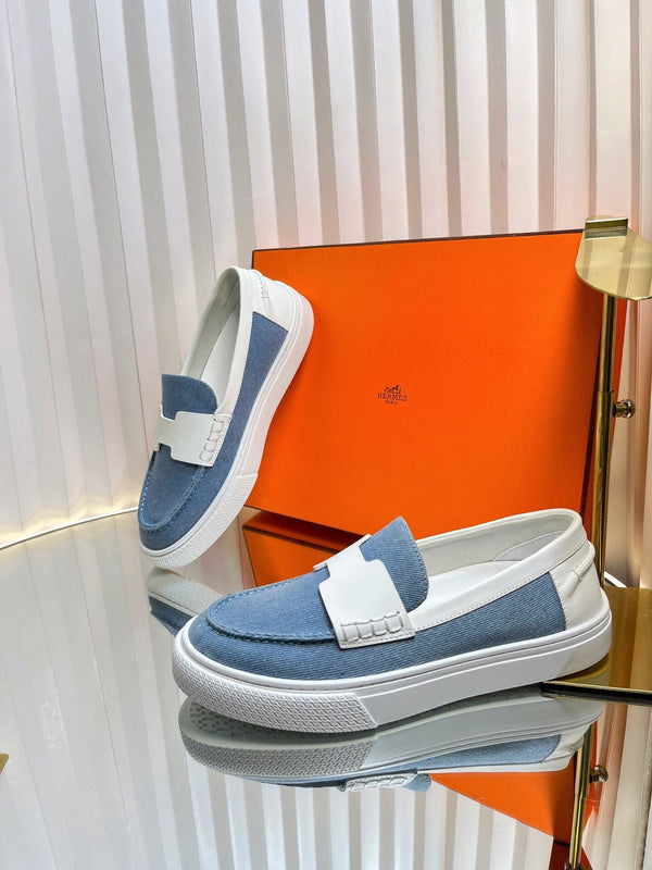 Mocassino casual HM Denim in pelle di vacchetta blu e bianca 317068