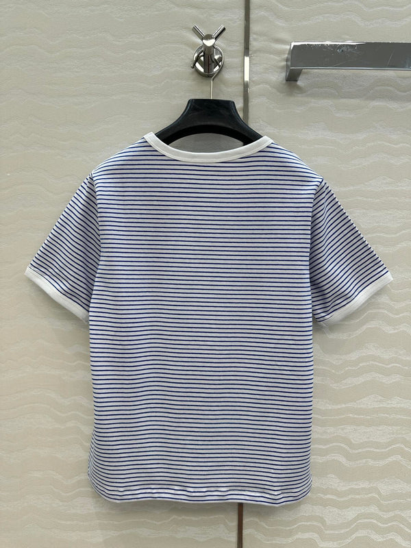 Celine 25 Striped Letter Short-sleeved T-shirt Blue White Cotton