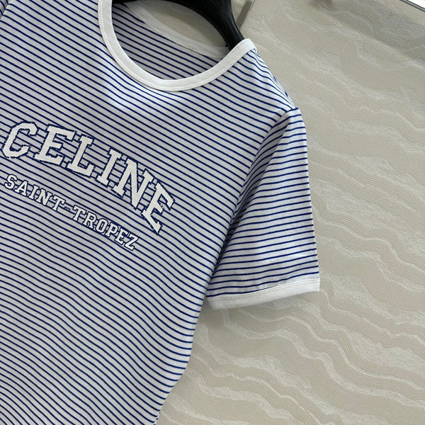Celine 25 Striped Letter Short-sleeved T-shirt Blue White Cotton