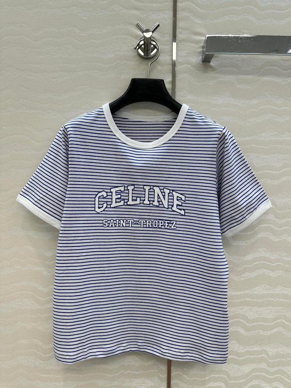 Celine 25 Striped Letter Short-sleeved T-shirt Blue White Cotton