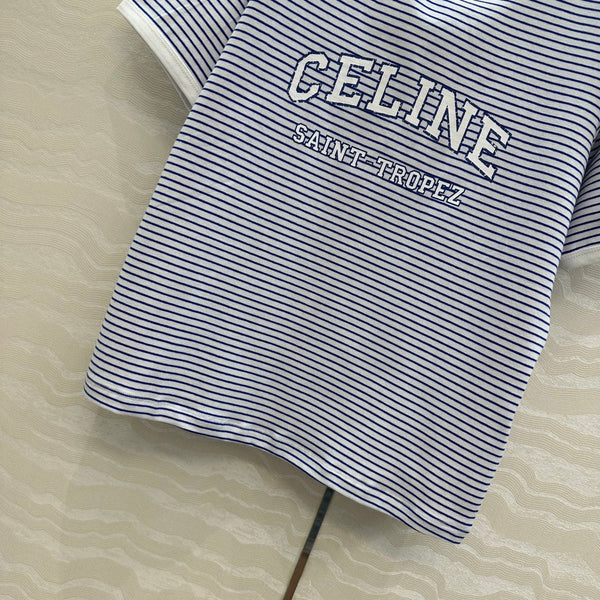 Celine 25 Striped Letter Short-sleeved T-shirt Blue White Cotton