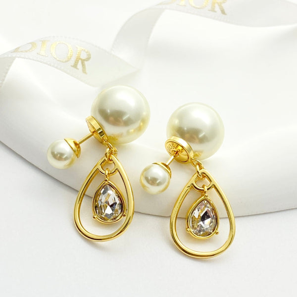 CD 26S Pearl Teardrop Crystal Double Stud Earrings In Gold Metal 631769