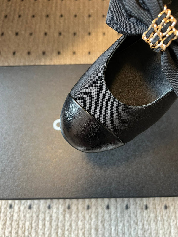 CC 25SS Bow Flat Shoes Black Sheepskin Canvas 530673