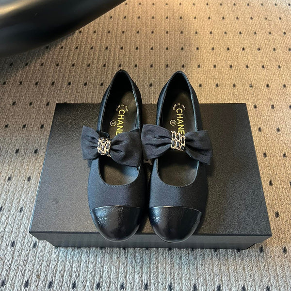 CC 25SS Bow Flat Shoes Black Sheepskin Canvas 530673