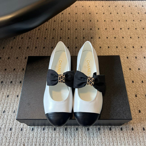 CC 25SS Bow Flat Shoes Black White Sheepskin Frabic 530674