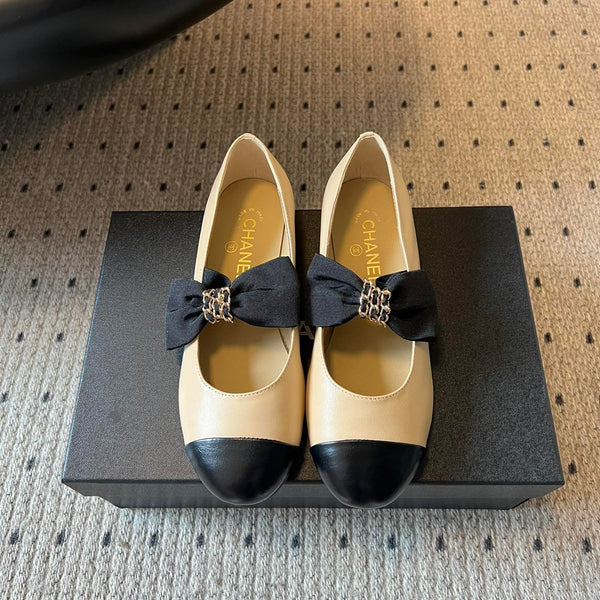 CC 25SS Bow Flat Shoes Black Beige Sheepskin Frabic 530676