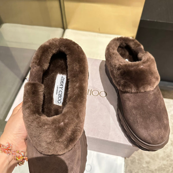 Jimmy Choo Flip Flops Dark Brown Suede Shearling Lining 538897