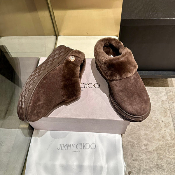 Jimmy Choo Flip Flops Dark Brown Suede Shearling Lining 538897