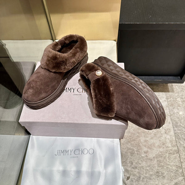 Jimmy Choo Flip Flops Dark Brown Suede Shearling Lining 538897